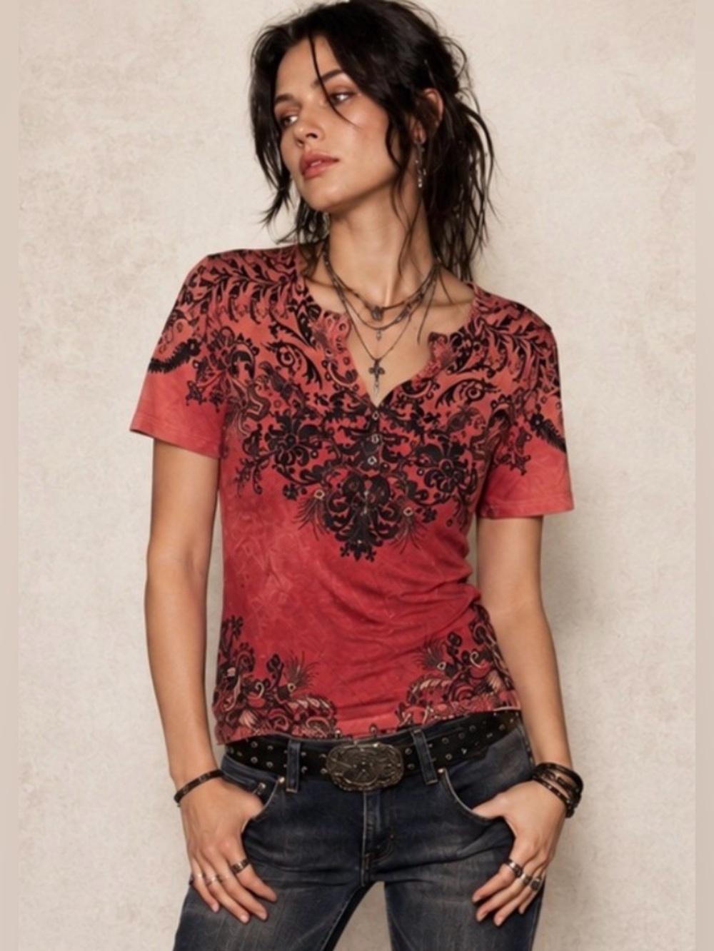 Women’s Cyber Y2K Grunge Fairy Affliction Red Orange Short Sleeve Shirt Medium